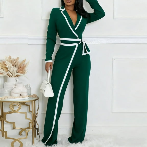 AUNVITO Women Winter V-Neck Color Block Belt Slimming Jumpsuit Elegant Long Sleeve Party Wear