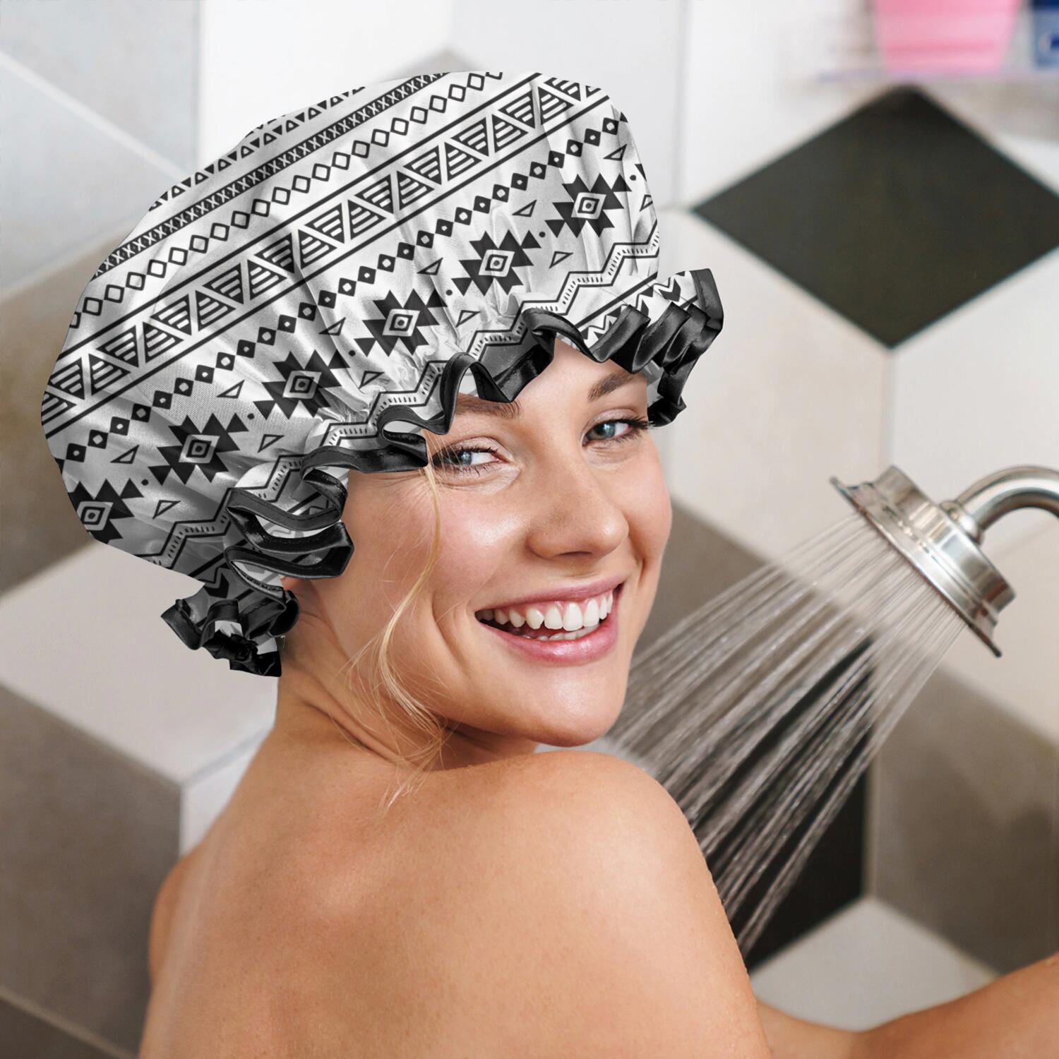 Shower Caps,Black Geometric Border Pattern Waterproof Shower Cap for Women 4 Pieces,Double Reusable Hair Cover for Shower PEVA Elastic Stretch Hem