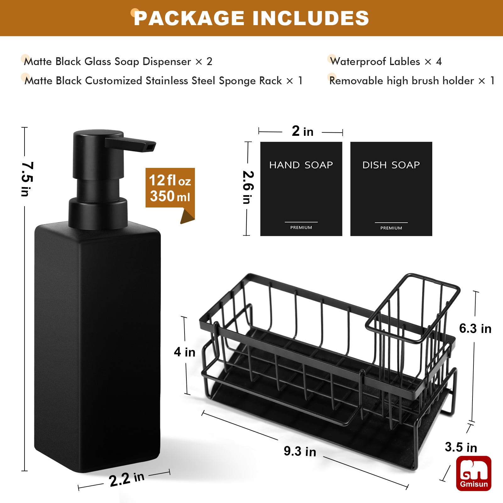 GM GMISUN Dish Soap Dispenser for Kitchen, 12 fl oz/350 ml Kitchen Soap Dispenser with Sponge Holder, Customized Matte Black Kitchen Soap Dispenser Set
