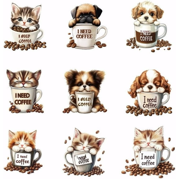 9PCS Coffee Dog Iron On Transfer Patches Coffee Cat Heat Transfer Stickers DIY Iron On Decals Washable Heat Transfer Paper