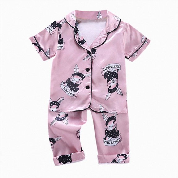 NIEWTR Toddler Baby Girl Short Sleeve Cartoon Tops Pants Pajamas Sleepwear Kids Satin Outfits Cute Everyday Sleepwear