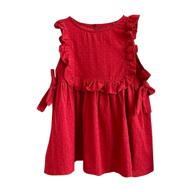 PEZHADA Short Sleeve Ruffle Dress Children Solid Color Loose Girl Ruffle Sleeve Princess Dress Round-Neck Sleeveless Round-Neck Dress Dress For Girls 5-6 Years