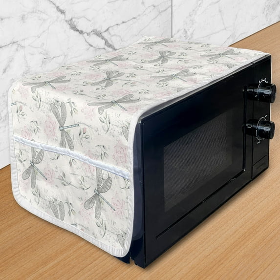 Dragonfly Microwave Oven Cover, Shabby Form Roses Worn Old Vintage Backdrop with Moth Bugs Print, Water Resistant Organizer with Pockets for Kitchen, 36" x 12", Pale Pink Pale Grey, by Ambesonne