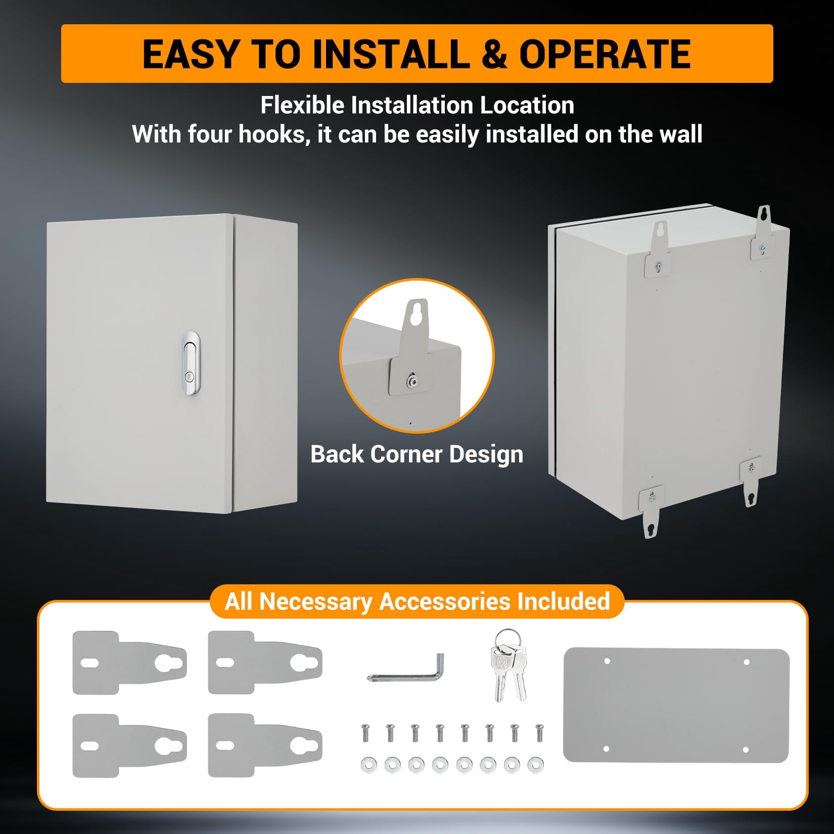 Kojooin Lockable Outdoor Electrical Box, NEMA 4X Steel Enclosure, IP67 Waterproof Dustproof Junction Box with Mounting Plate and Key for Indoor Outdoor