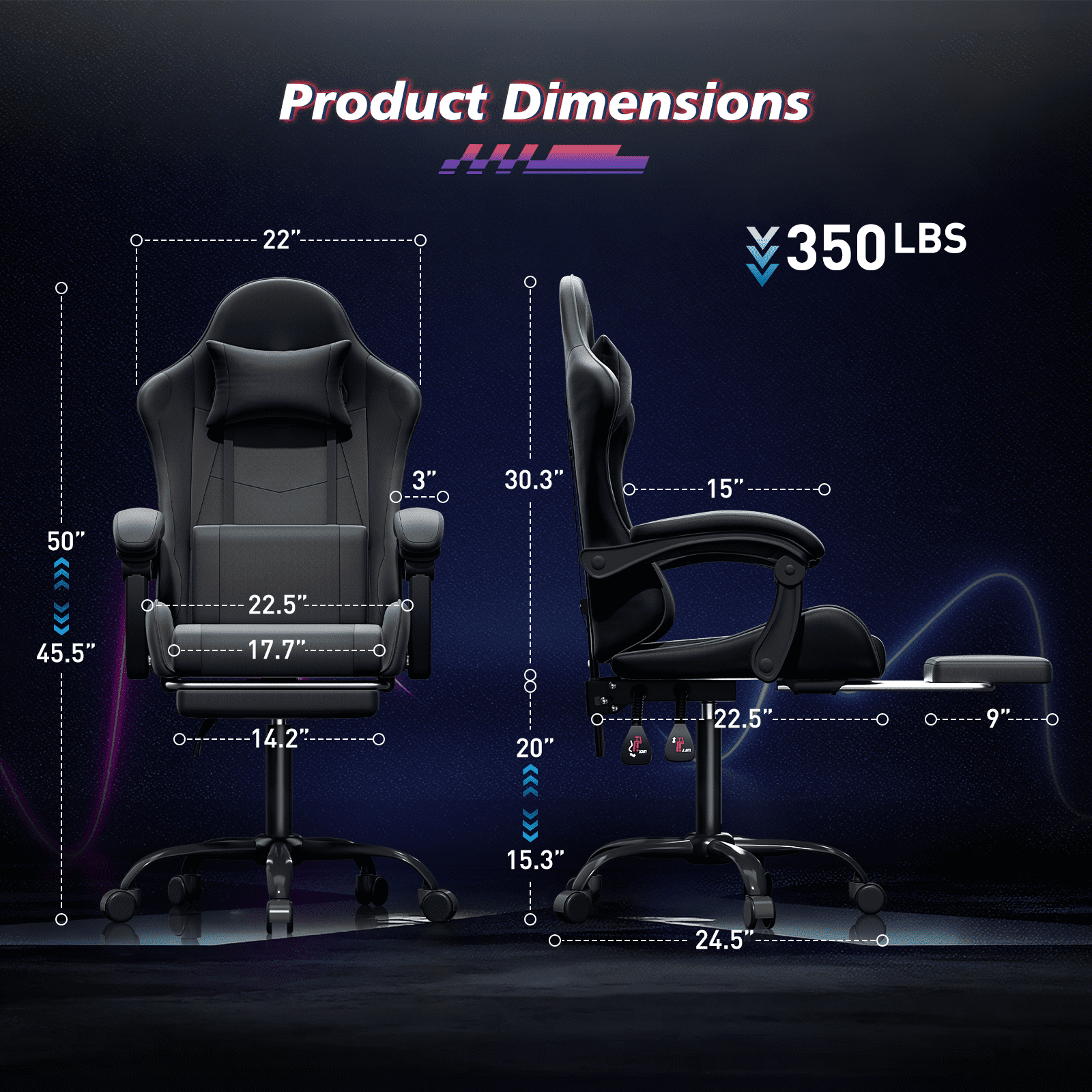 Magshion Ergonomic Gaming Chair with Headrest, Lumbar Support & Footrest - Adjustable Reclining Computer Chair for Adults, High Back Office Desk Chair, 350lbs Capacity， Black