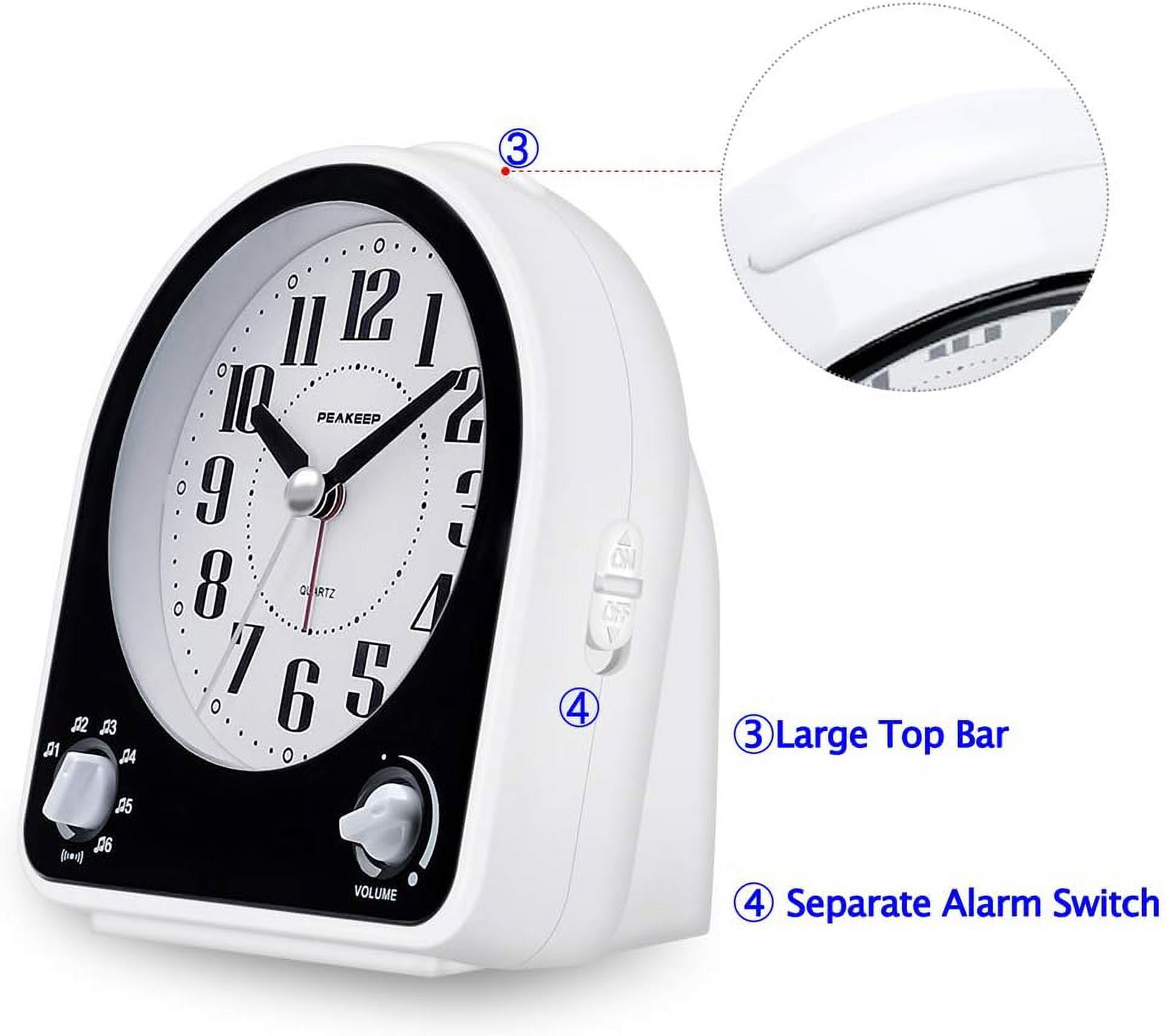 Analog Alarm Clock Non-Ticking Silent Optional 7 Wake-up Sounds with Volume Control Nightlight and Snooze AA Battery Operated (Black)