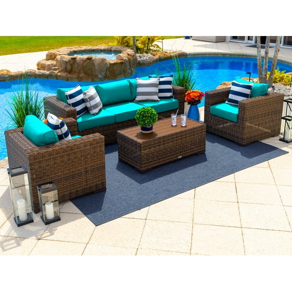 Tuscany 4-Piece L Resin Wicker Outdoor Patio Furniture Conversation Sofa Set with Three-seat Sofa, Two Armchairs, and Coffee Table (Half-Round Brown Wicker, Sunbrella Canvas Aruba)