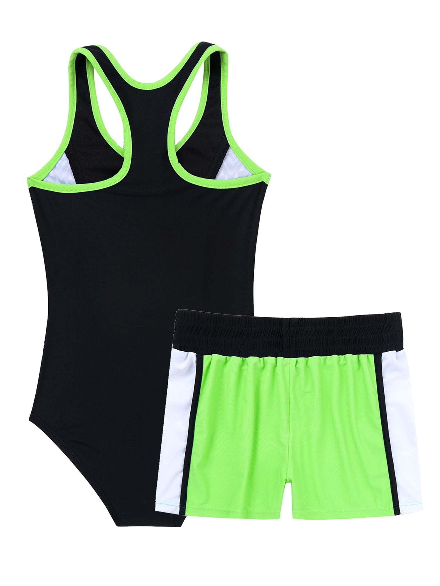 CHICTRY Girls 2-pc Printed Swimsuit Swimming Jumpsuit with Shorts Beachwear Fluorescent Green 10