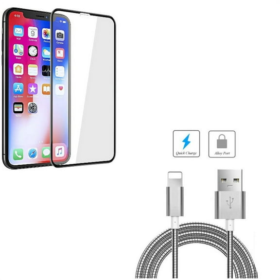 Metal USB Cable w Screen Protector for iPhone XR - 6ft Charger Cord Power Wire, Tempered Glass 5D Touch Curved Edge Full Cover