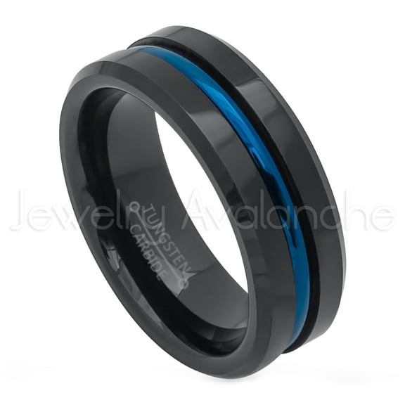 2-Tone Tungsten Ring, Tungsten Wedding Band, Mens Anniversary Band 8mm Polished Blue IP Center Comfort Fit Tungsten Carbide Ring