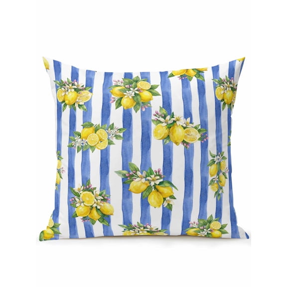 1 Pack Outdoor Throw Pillow, Summer Lemons Waterproof Pillow with Insert Included, Modern Watercolor Fruit Flowers Blue Striped Decorative Accent Cushion Sofa Pillows for Patio Porch, 16 x 16 In