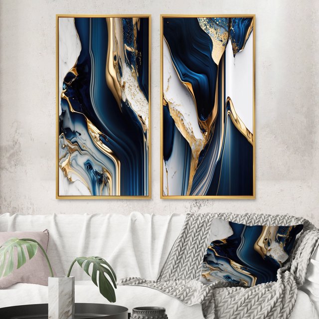 Designart "Cerulean Waves in Geode V" Abstract Framed Wall Art Set Of 2 - Blue Abstract Framed Canvas Set For Living Room Decor