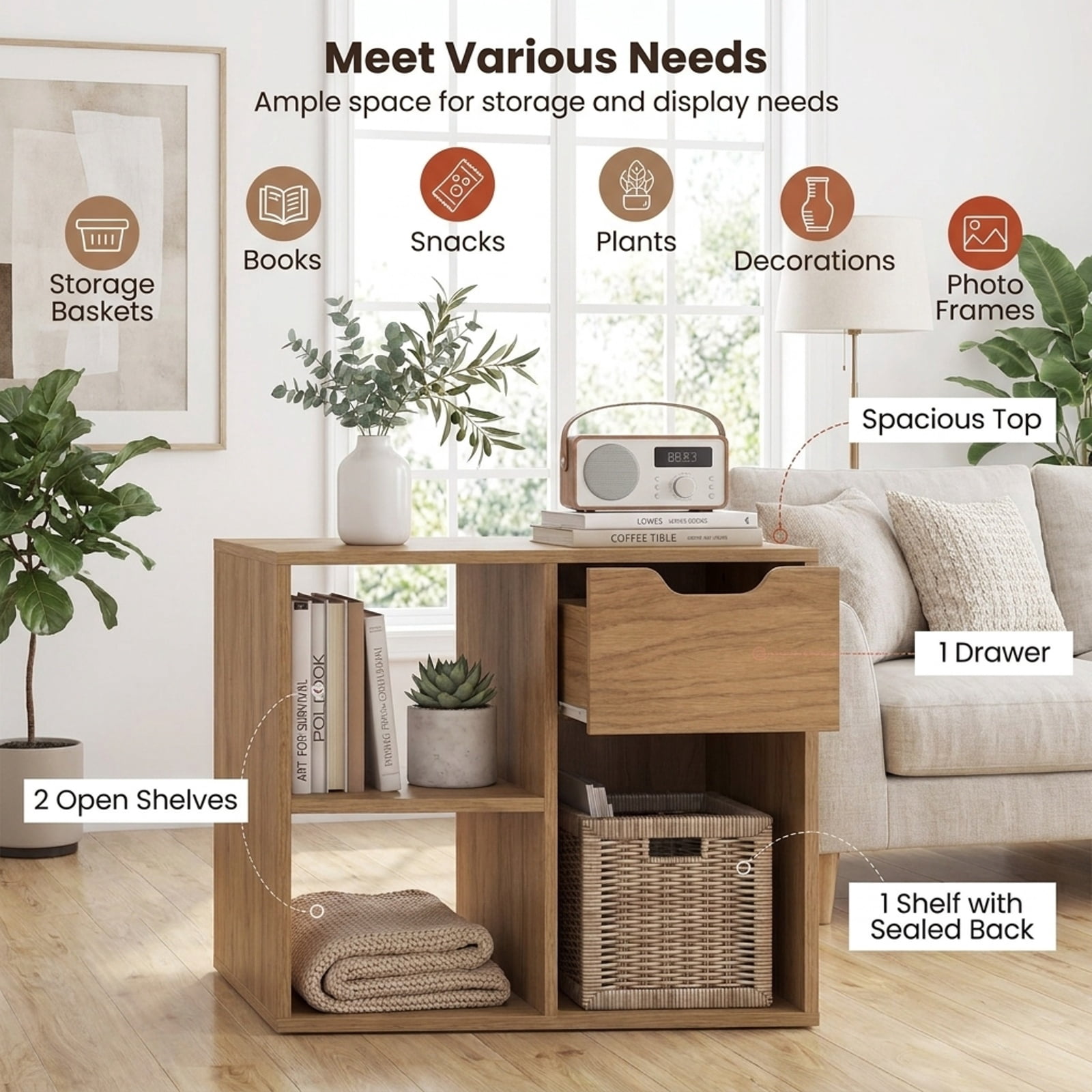 Furnibear 3-Cube Bookcase 2-tier Wooden Storage Shelf with Pull-out Drawer for Living Room Home Office Bedroom Display Storage Shelf, Natural