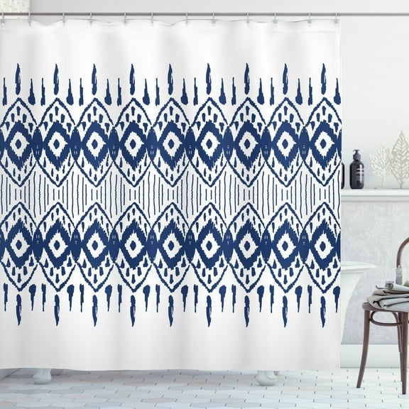 Ikat Shower Curtain, Asian Traditional Design Borders Tribal Art Geometrical Motifs and Shapes, Fabric Bathroom Set with Hooks, 69W X 75L Inches Long, Navy Blue and White, by Ambesonne