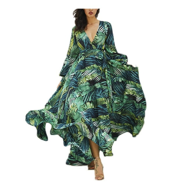 Robe Maxi Bohème pour Femmes, Robe d'Été Tropicale à Fleurs, Manches Longues, Coupe Ample, Robe de Plage