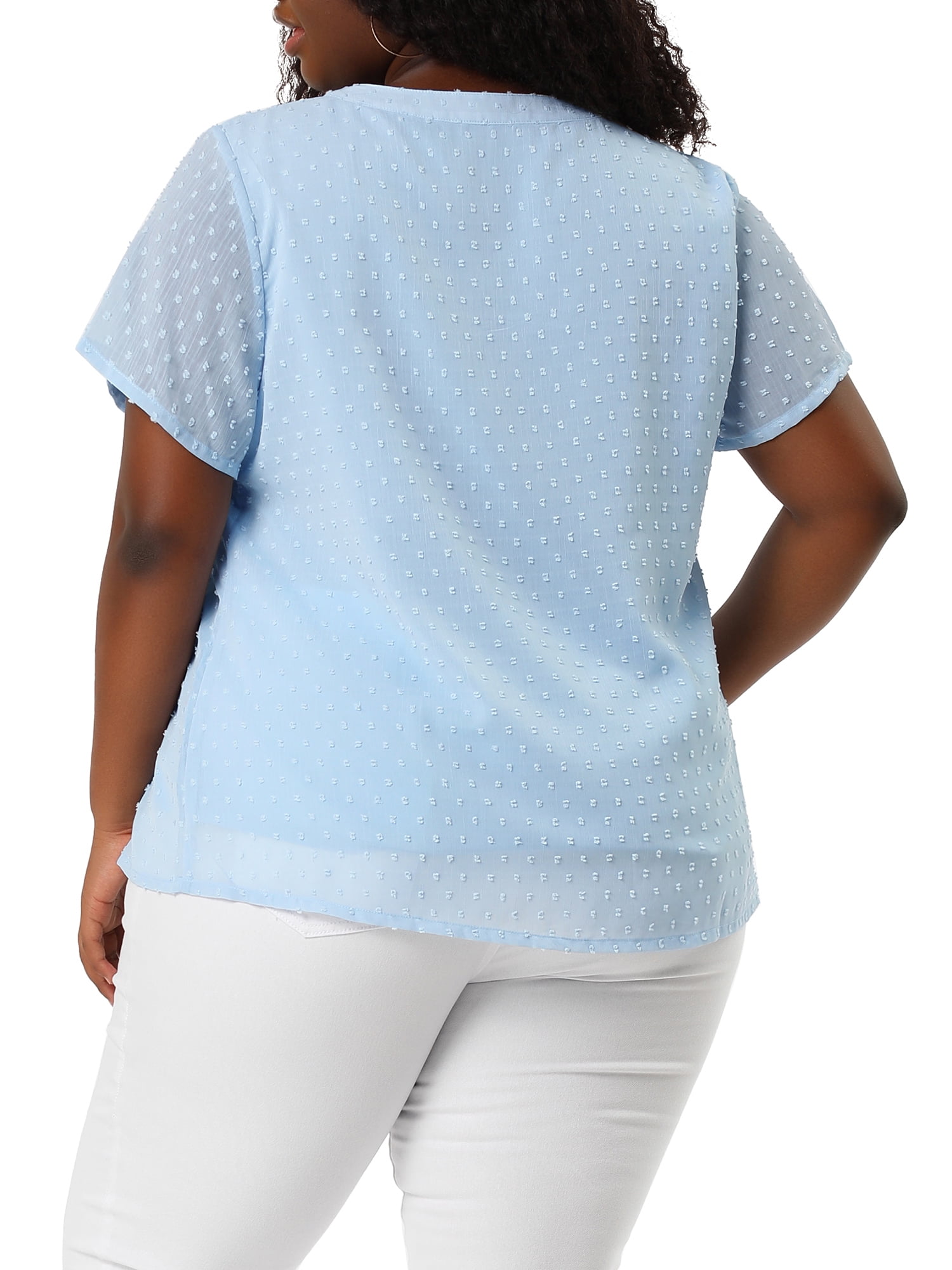 Unique Bargains Women's Plus Size Outfits Fashion Solid Pin Dots V Neck Top 4X Blue