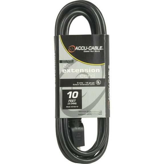 American DJ Accu-Cable EC-163 10' 16/3 AWG Edison AC Extension Cord, Black