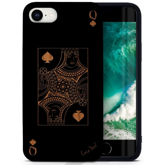 Case Yard Wooden Case for iPhone-SE Soft TPU Silicone cover Slim Fit Shockproof Wood Protective Phone Cover for Girls Boys Men and Women Supports Wireless Charging Queen of Spade Design