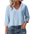 thumbnail image 4 of Endives Women's Linen Shirt Casual V Neck Long Sleeve Blouse Loose Fit Linen Tops Summer Outfit Light Blue, 4 of 5