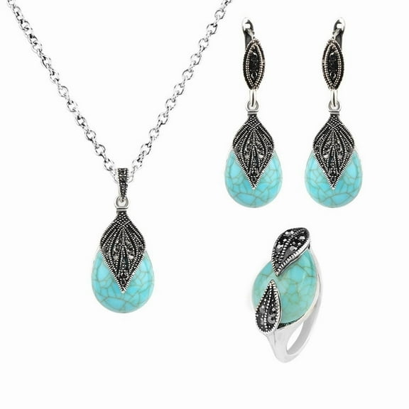 Kachbutis Western Turquoise Jewelry Set for Women Vintage Bohemian Adjustable Necklace Earrings Ring Set Boho Jewelry Cowgirl Accessories for Mom Wife Girlfriend 7