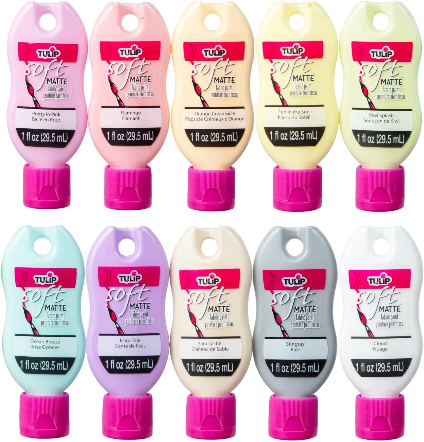 Tulip Soft Fabric Paint, Permanent Fabric Paint for Clothes, Pastel Colors, 10 Pack of 1 fl oz bottles, Matte Finish Stays Flexible after Washing