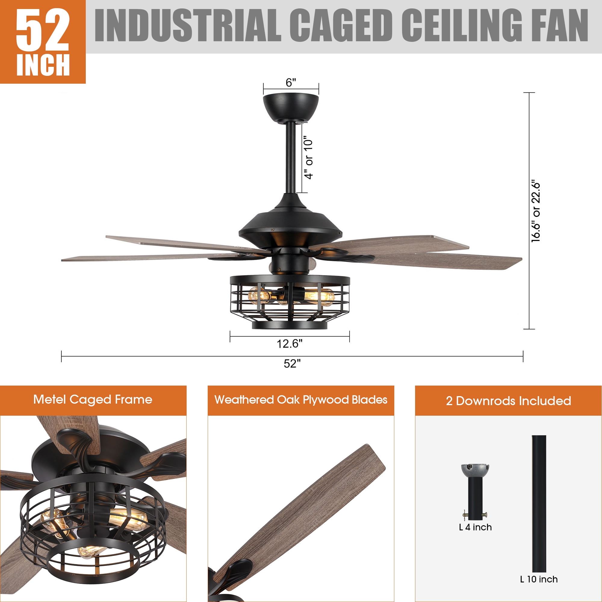 Parrot Uncle 52-Inch Industrial Ceiling Fan with Incandescent Light and Remote