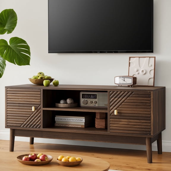 CQSXDA Mid-Century Modern 43.31 Inch TV Stand in Walnut for 32 to 45 Inch TVs, Entertainment Center with Storage