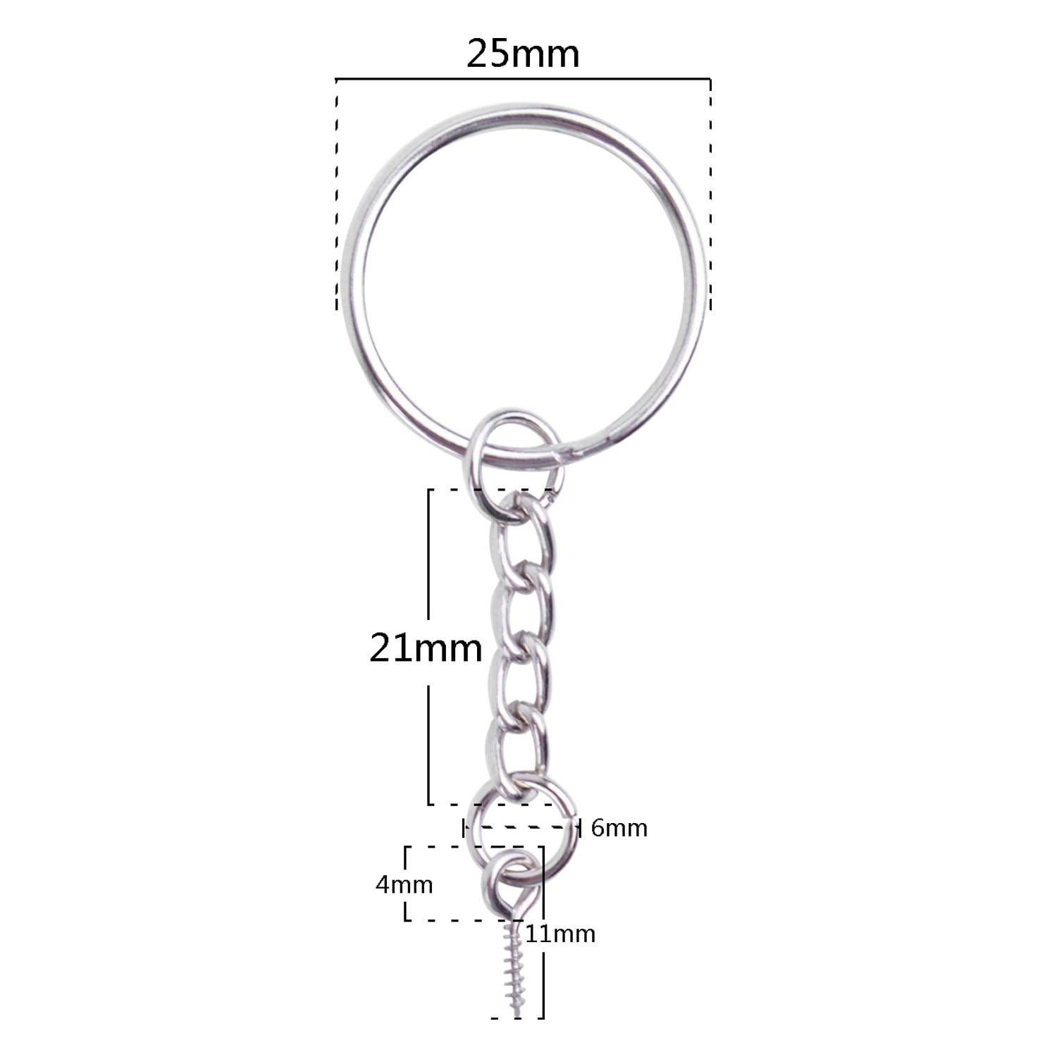 BronaGrand 50pcs 25mm Split Key Ring with Extend Chain and 12mm Screw Eye Pin for Craft Charm Making 