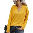 thumbnail image 1 of Blusa Manga Larga Cuello En V Color Puro Bolsillo Cómodo Top De Moda Para Mujer, 1 of 8