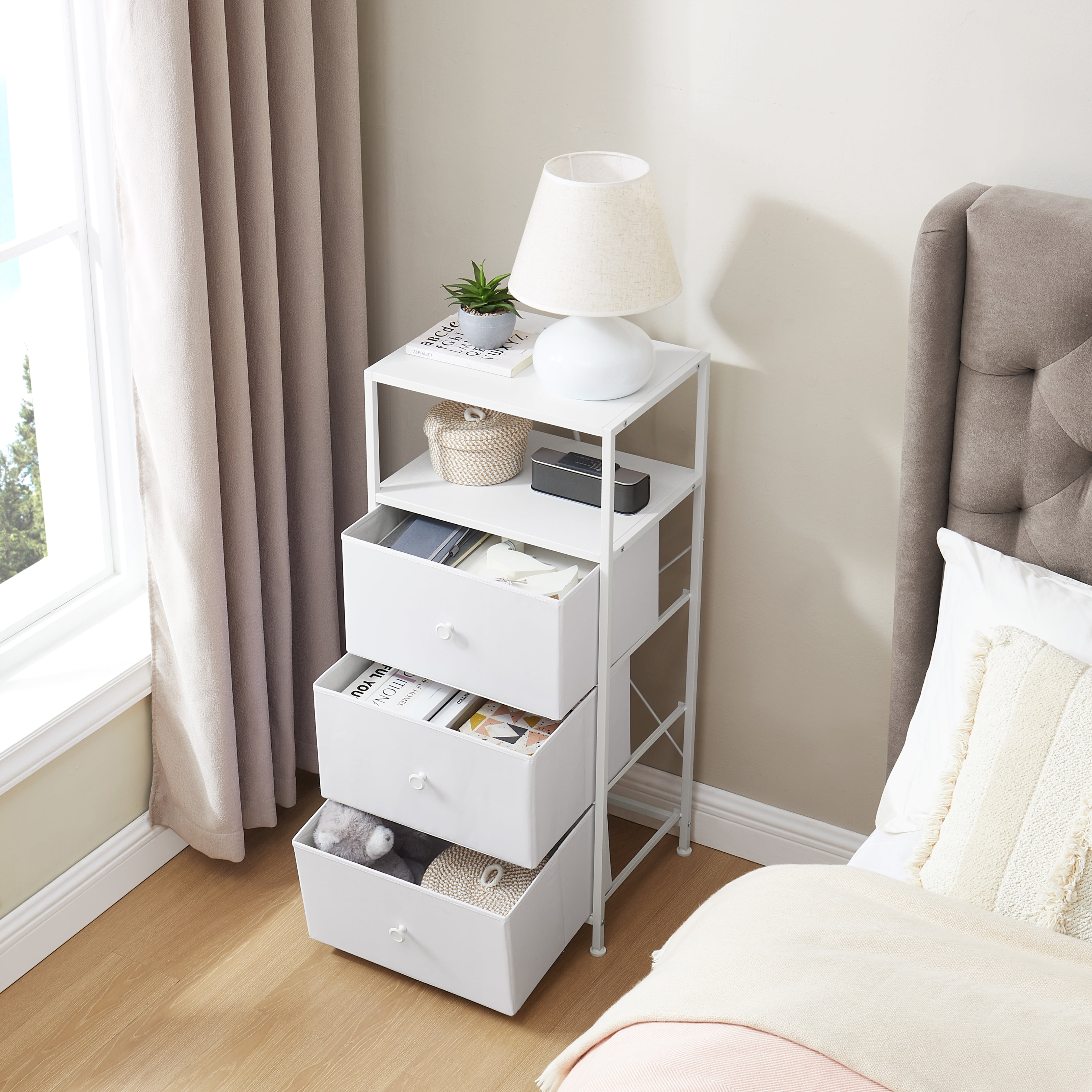 Mainstays 3 Drawer Fabric Nightstand with USB, Arctic White Boucle