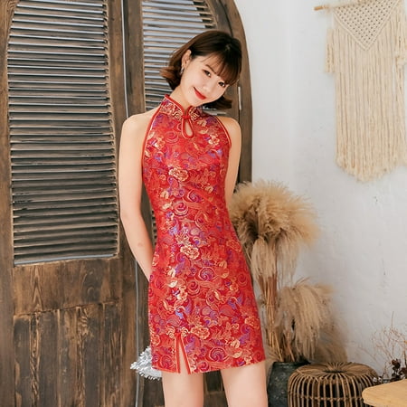 Women Sleeveless Cheongsam Dress Halter Neck Stand-up Collar Hollow On ...