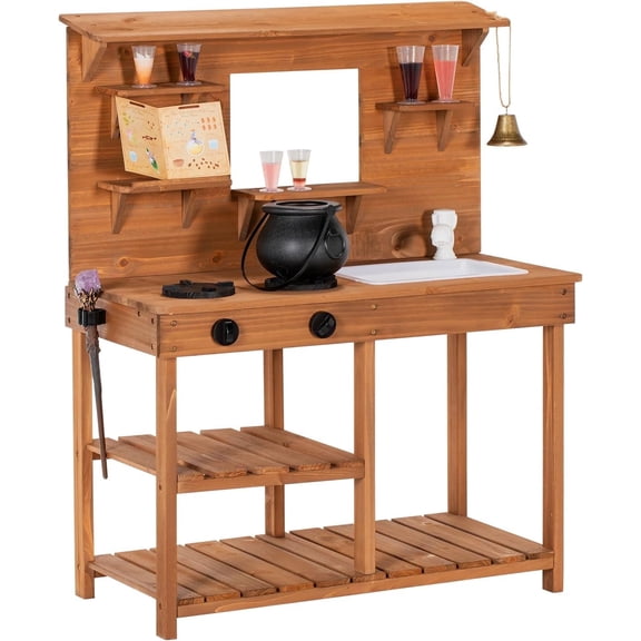 Mud Kitchen Playset for Kids, Wooden Magic Kitchen Set w/Wand, Recipe, Removable Sink, Faucet, Stove, Toddler Outdoor Pretend Play Kitchen, Witch Role Play, Fairy Potion, Gift for Boys Girls