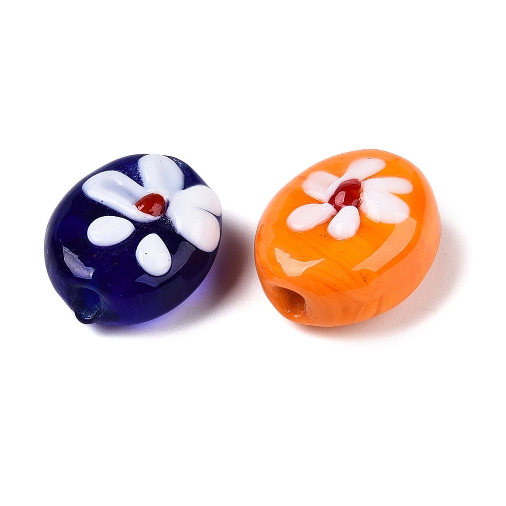 100 pc Handmade Lampwork Beads Oval with Flower Mixed color 18.5~20x15.5~16.5x7.5~10mm Hole: 1.2~1.5mm Lampwork