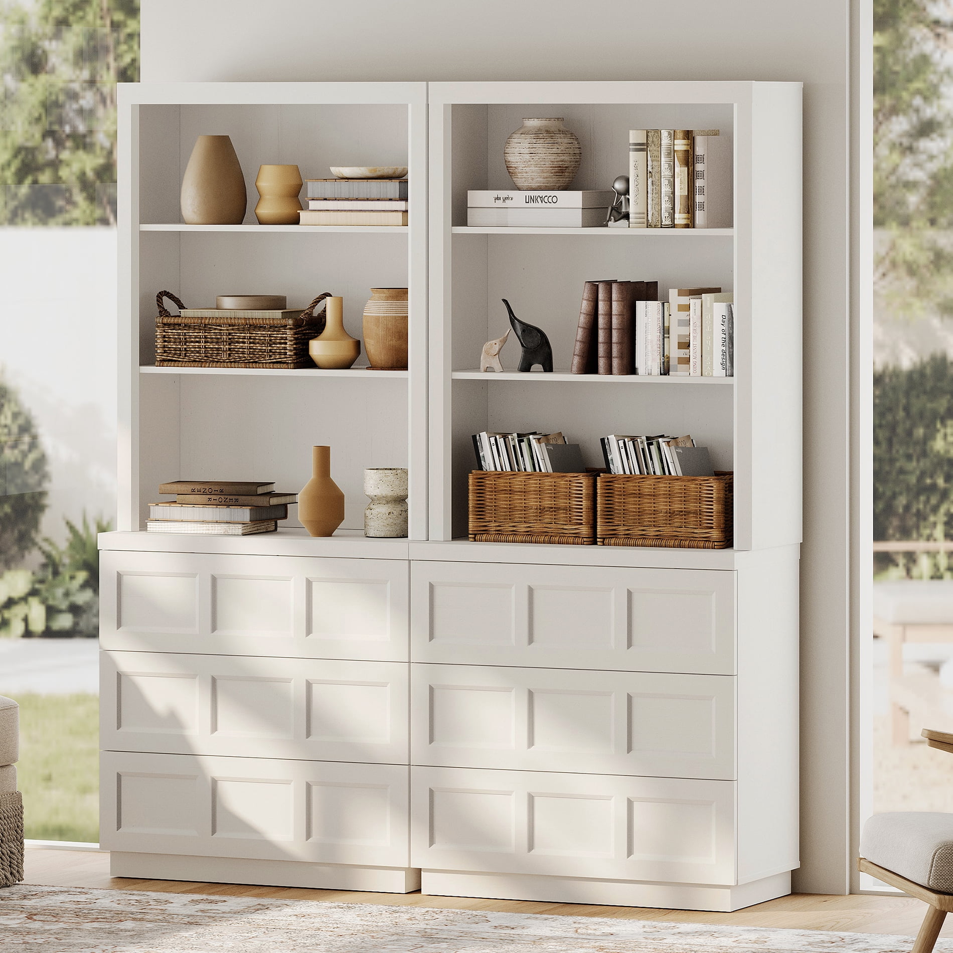 HOMOOI 2-in-1 Integrated Bookcase,Boho Rustic Wood Grain Freestanding Book Shelf with Open Display Shelves & 6 Rebound Handle-Free Drawers, Anti-Wobble Bookcase for Living Room,Home Office,White