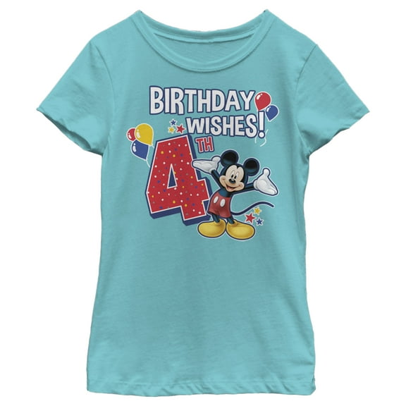 Girl's Mickey & Friends Mickey Mouse 4th Birthday Wishes  Graphic Tee Tahiti Blue X Large