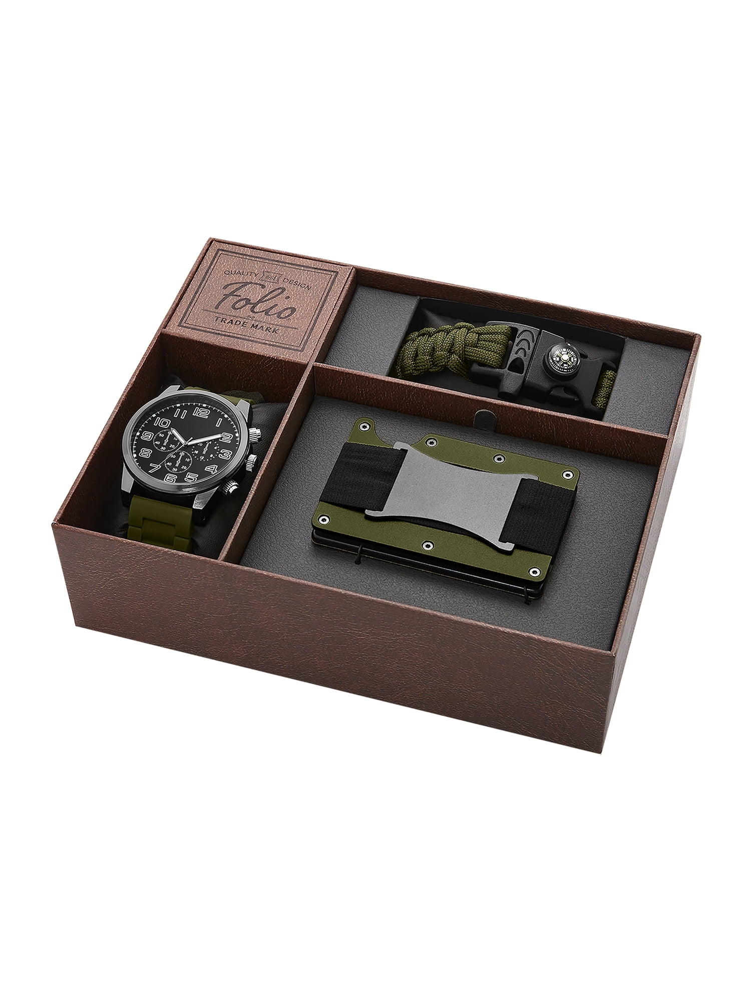Folio Men's Gunmetal Tone Round Analog Watch with Green Silicone Strap with Green Braided Compass and Knife Bracelet and Green Metal Card Case Gift Set (FMDAL1155)