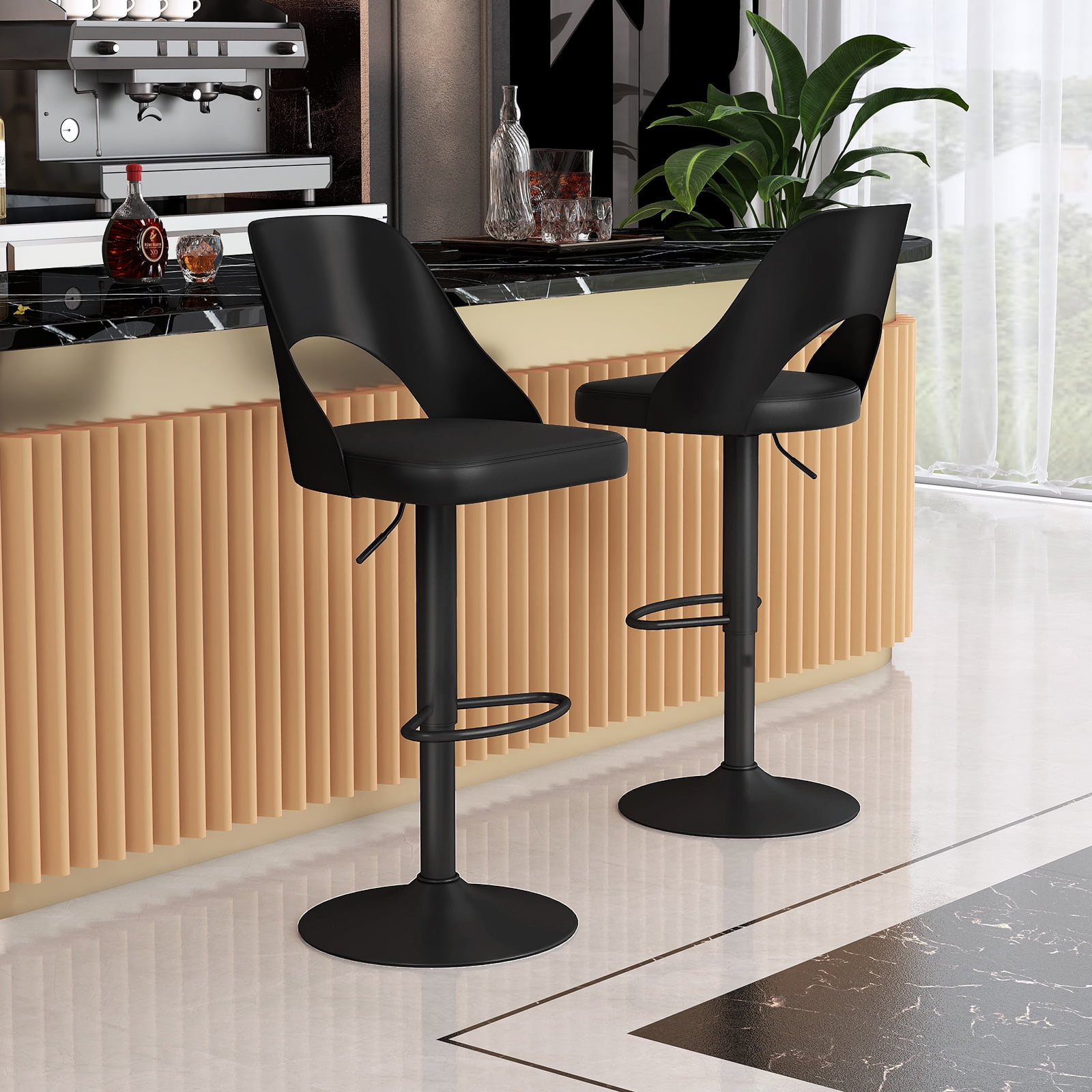 Gymax Bar Stools Set of 2 w/Enlarged PU Leather Seat Footrest Swivel Bar Chairs Black