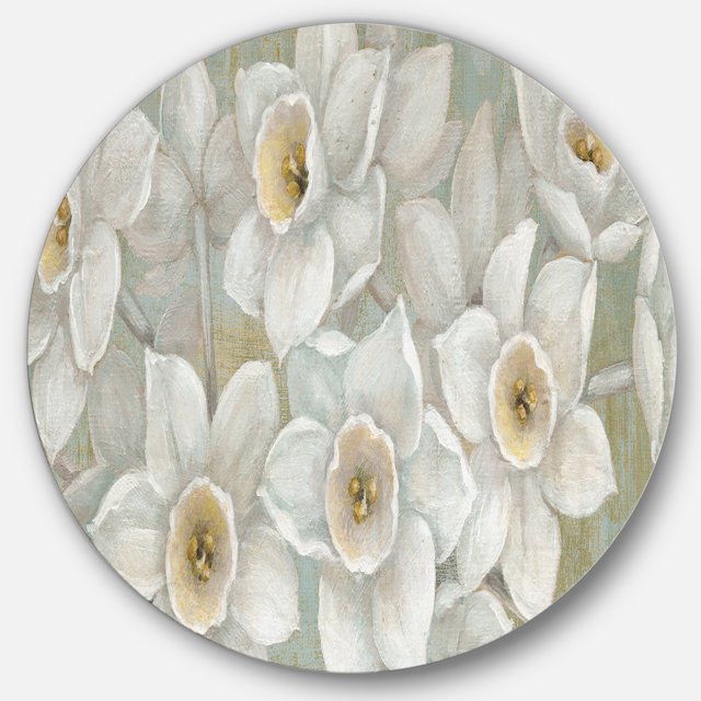Designart 'Pure Pastel White flowers' Art Mural Rond en Métal Style Ferme - Disque de 36