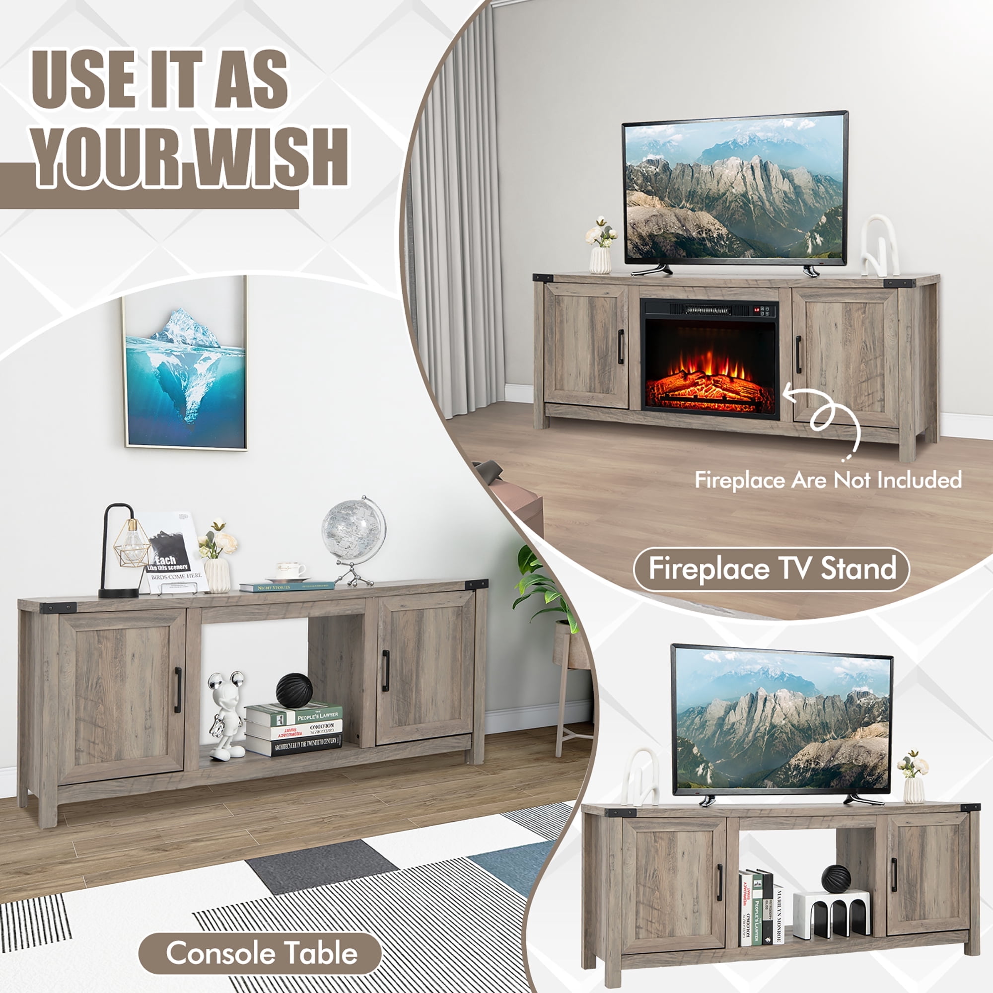 Costway 62'' Farmhouse TV Stand Entertainment Center for TVs up to 70 Inches Natural