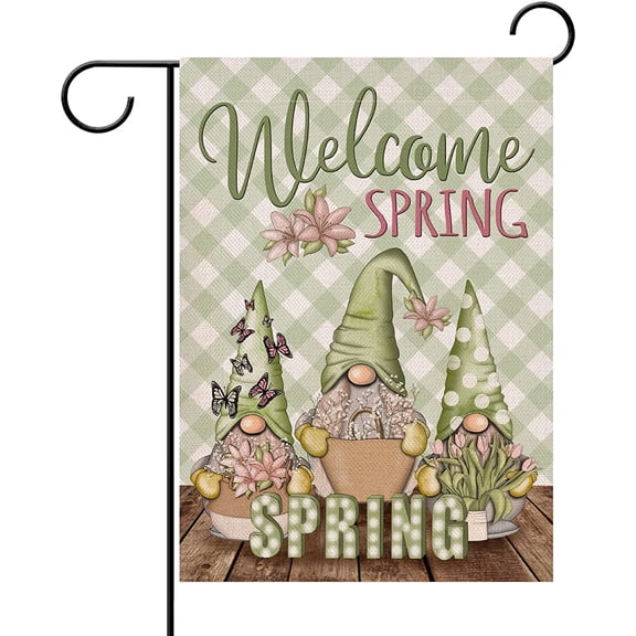 Welcome Spring Gnome Flower Garden Flag Double Sided, Floral Tulip Lily Butterfly Decorative Yard Outdoor Home Small Decor, Buffalo Plaid Check Burlap Outside House Decoration 12 x 18
