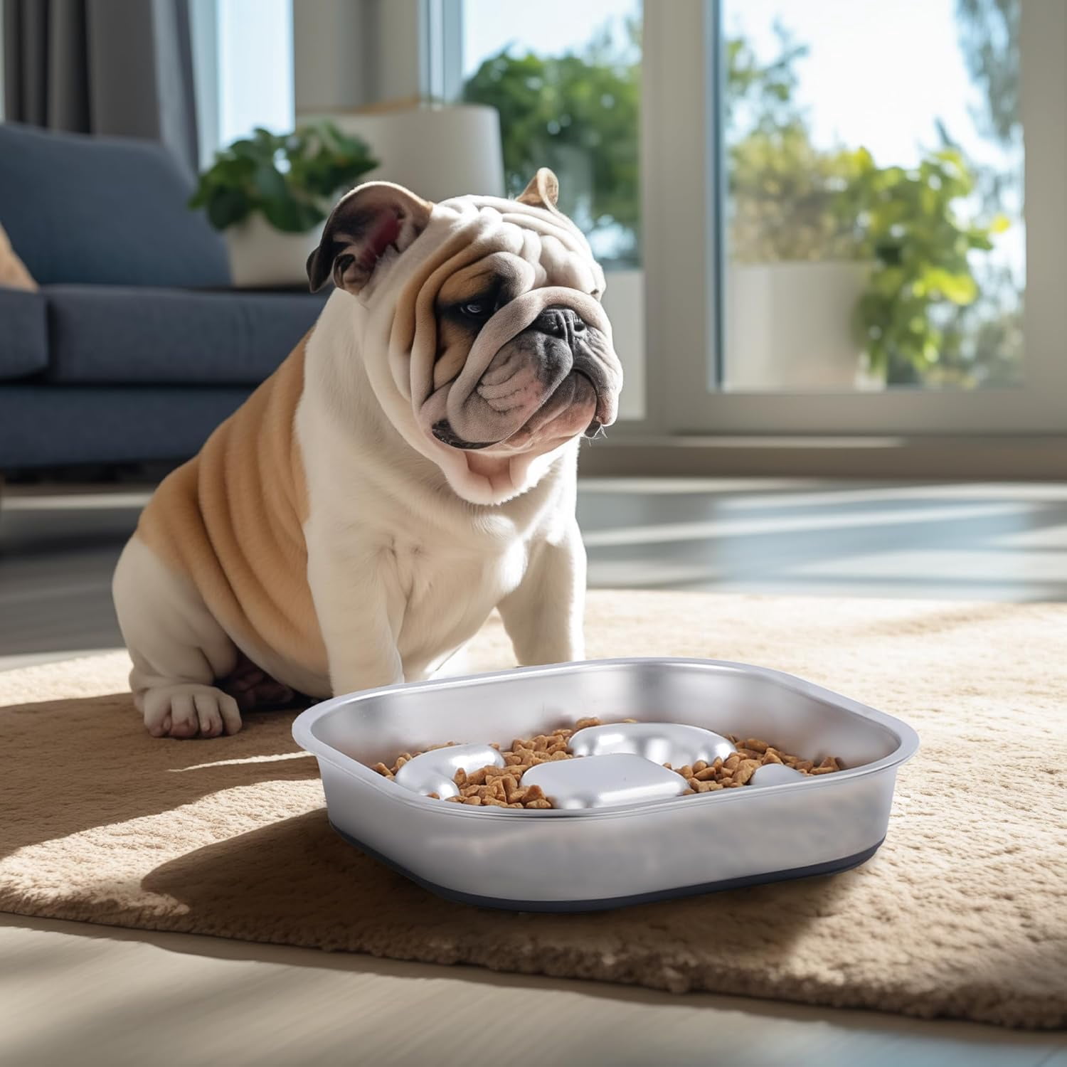 Slow Feeder Dog Bowls 304 Stainless Steel 5 Cups, Large Capacity Dog Food Slow Feeding With Non-Slip Rubber Base, 2-in-1 Slow Feeder Metal Dog Bowl for All Breeds Size