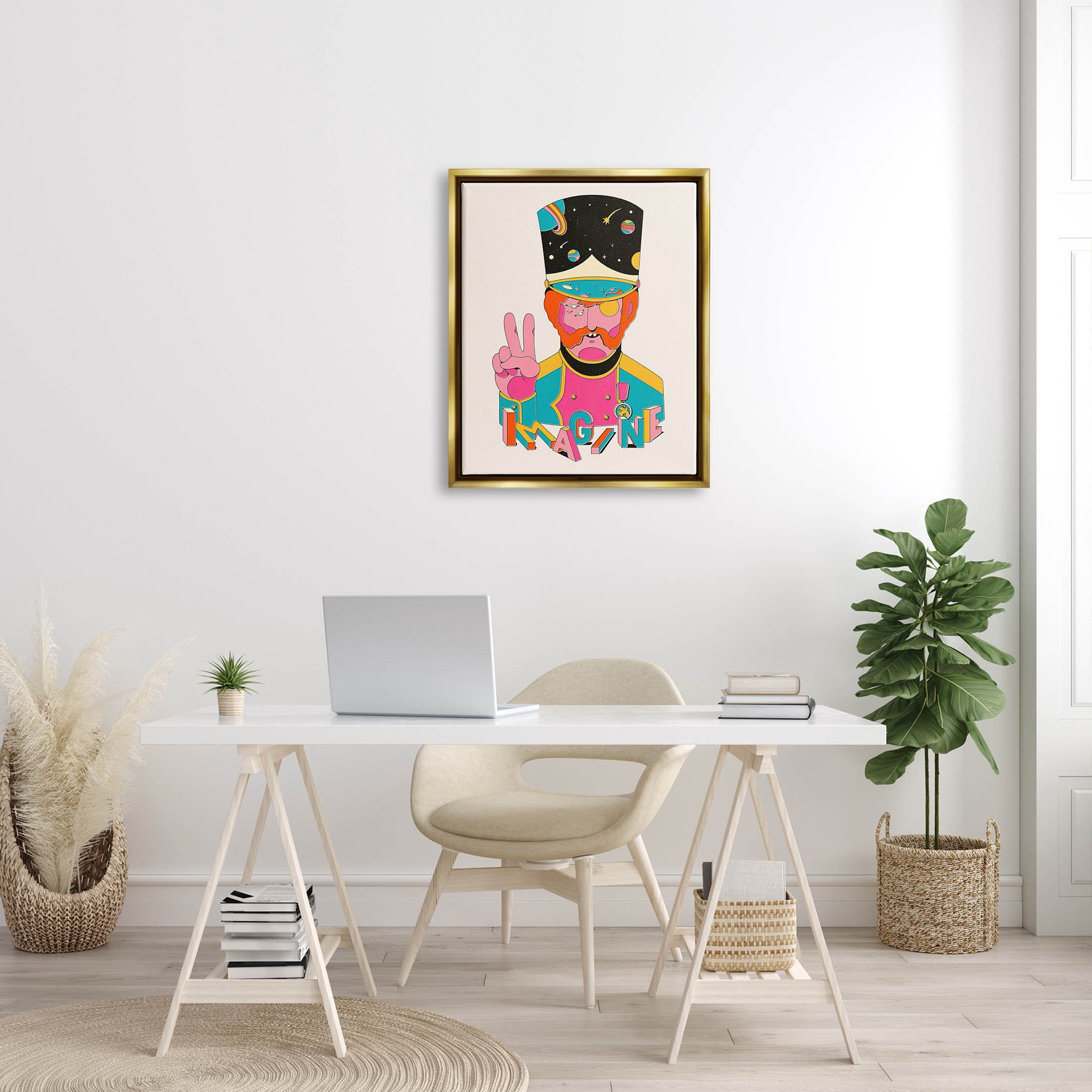 Stupell Industries Imagine Abstract Retro Peace Sign Graphic Art Metallic Gold Floating Framed Canvas Print Wall Art, Design by Matheus Lopes Castro