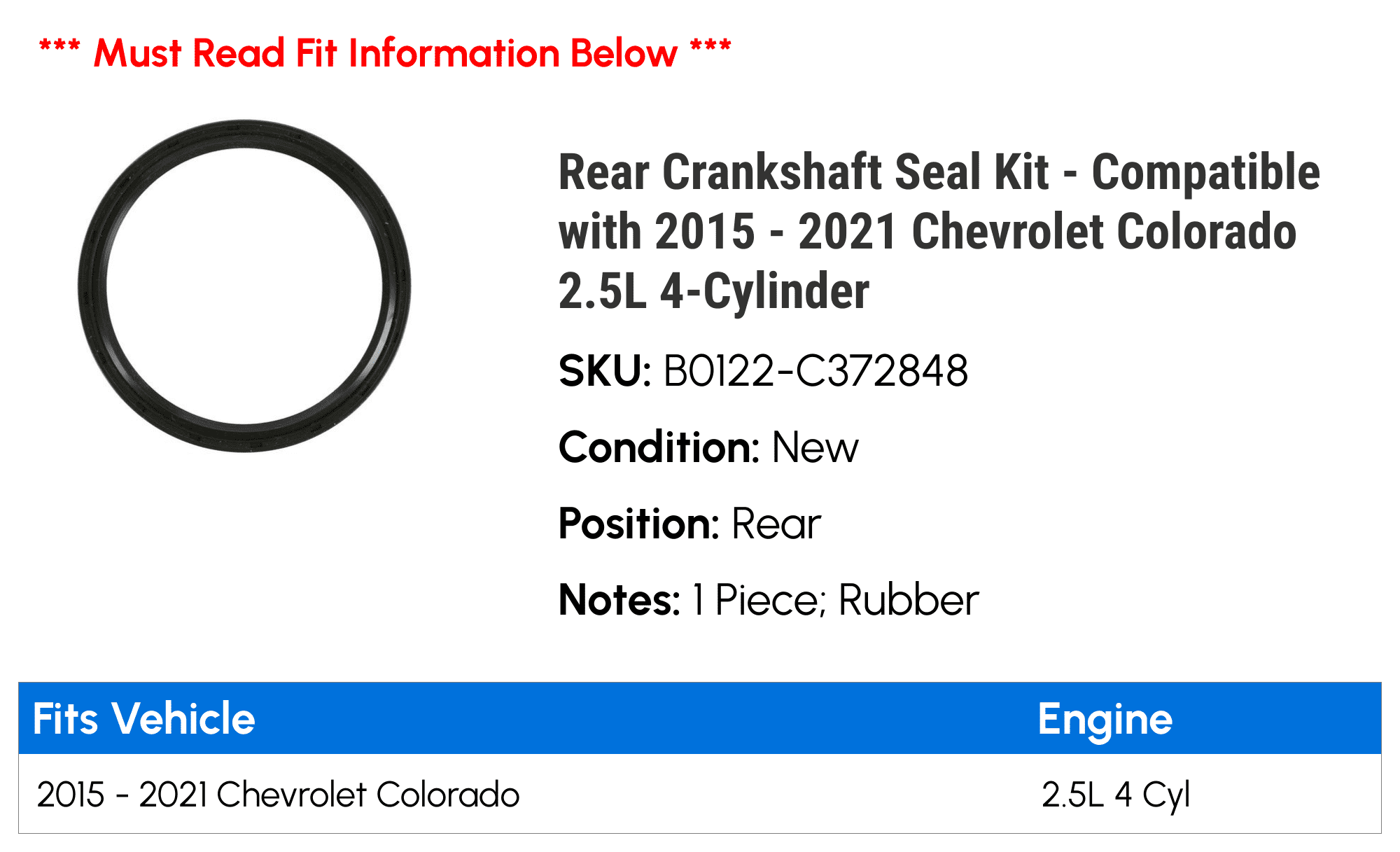 Rear Crankshaft Seal Kit - Compatible with 2015 - 2021 Chevy Colorado 2.5L 4-Cylinder 2016 2017 2018 2019 2020