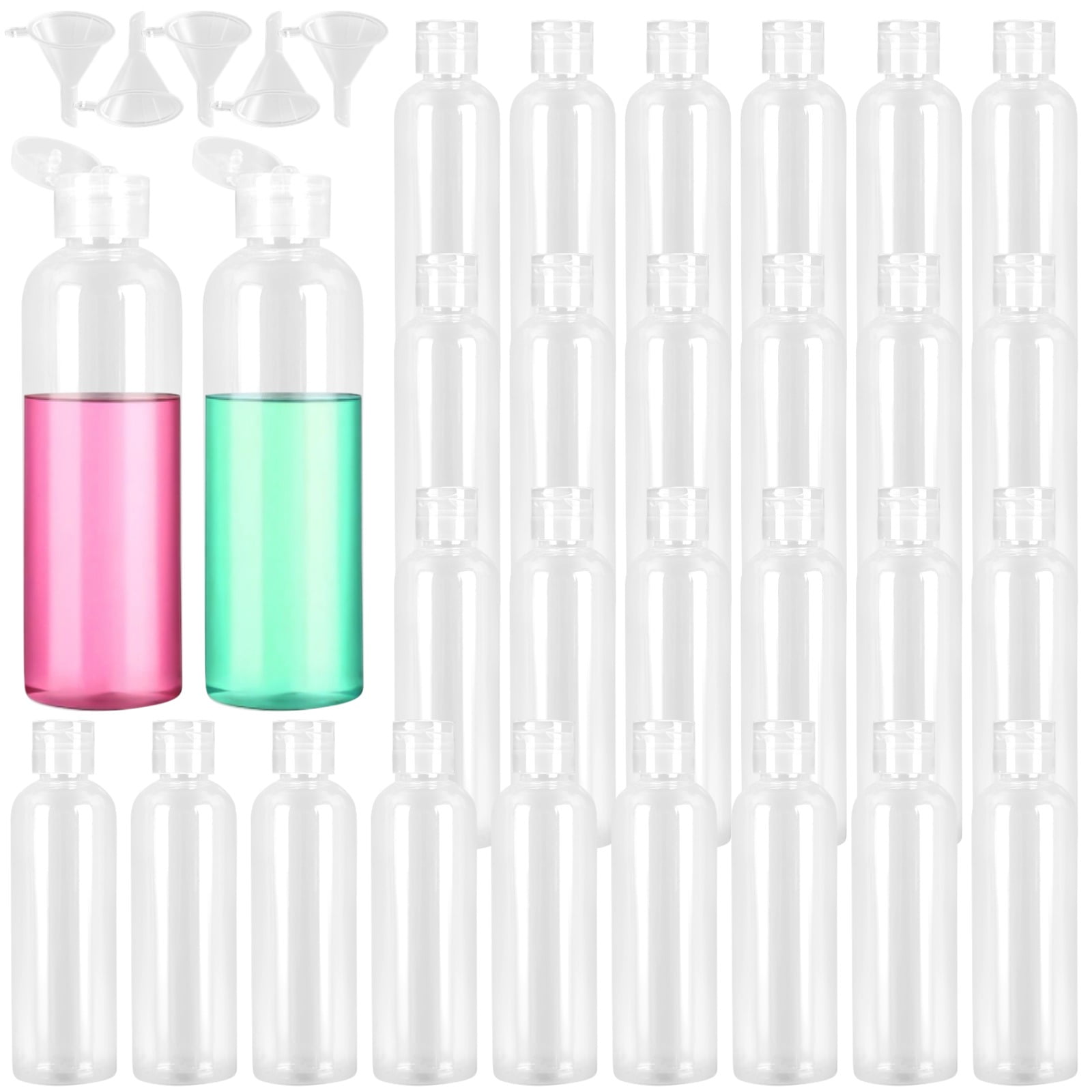 100 Pcs Small Travel Bottles, 3.4 oz Refillable Empty Containers with Flip Caps, Clear Plastic Liquid Dispensers, Leak-Proof Squeeze Bottles with 5 Funnels for Shampoo, Lotion, Cream