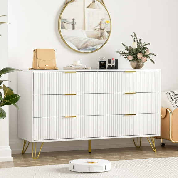 FURNIWAY 6-Drawer Modern Design Wide Chest Dresser with Gold Handles, White