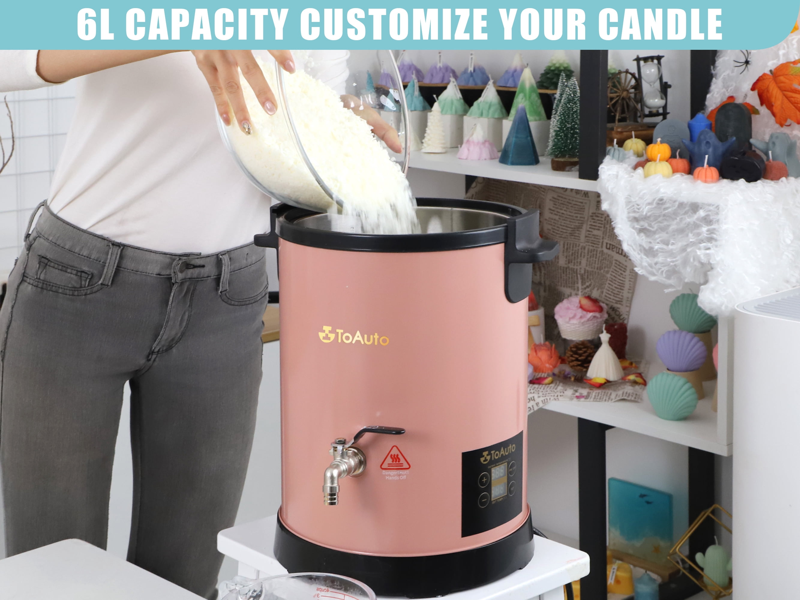 6L Digital Wax Melter for Candle Making Large Commercial Electric Melting Pot with Heating Core Spout Temperature Control Pink