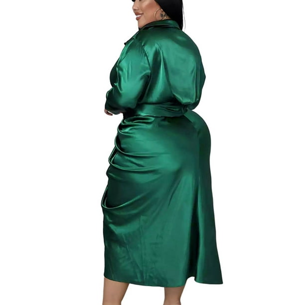 Avamo Women Midi Dresses Long Sleeve Shirt Dress Lapel Casual Travel Green  3XL 