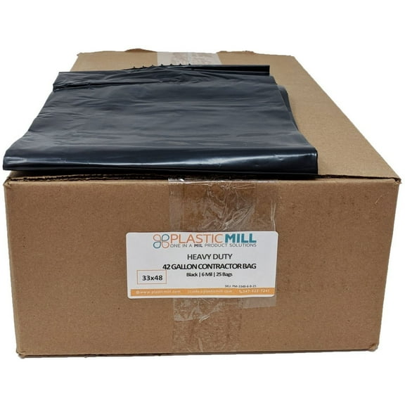 PlasticMill 42 Gallon, Black, 6 MIL, 33x48, 25 Bags/Case, Garbage Bags / Trash Can Liners.