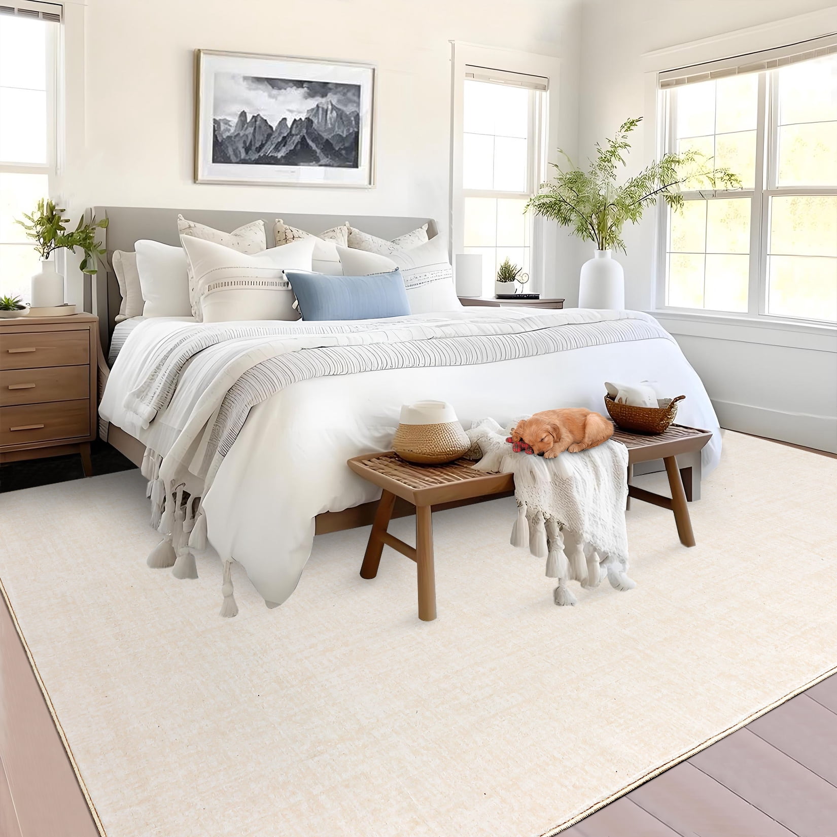 FairOnly 10'x13'Modern Solid Color Machine Washable Area Rug Minimalist Soft Non Slip Folable Floor Rug for Living Room Bedroom,Beige White
