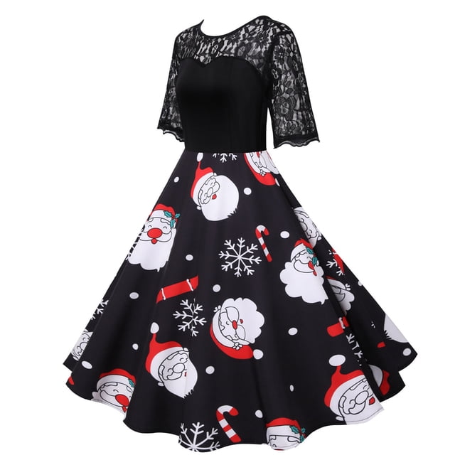 Pompotops Robe Rétro à Manches Courtes avec Col Rond en Dentelle et Imprimé de Noël pour Femmes